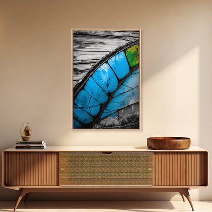 Butterfly Wing Close-up, Nature Photography, Framed Canvas Print, Rustic Wall Art, Minimalist Decor, Blue Abstract Art, Bedroom Wall Decor