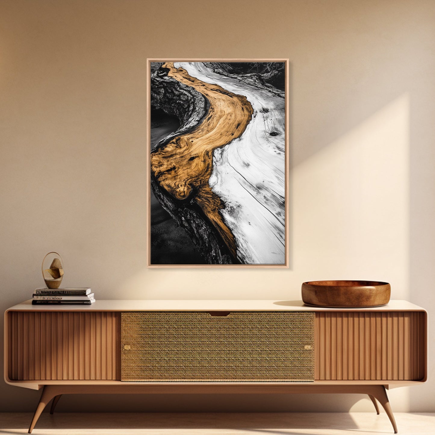 Driftwood, Rustic Nature Art, Framed Canvas Print, Black and White Photography, Earthy Tones, Beach House Decor, Minimalist Home Art