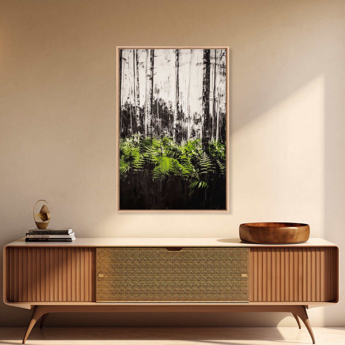 Forest Ferns, Green Botanical Art, Woodland Nature Print, Minimalist Home Decor, Black and White Wall Art, Framed Canvas Print