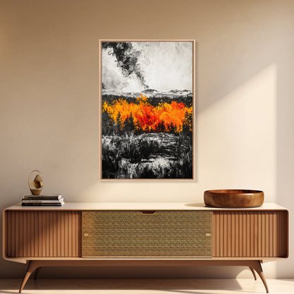 Burning Trees, Fiery Autumn Landscape, Dramatic Fall Wall Art, Modern Seasonal Home Decor, Bold Color Painting, Framed Canvas Print