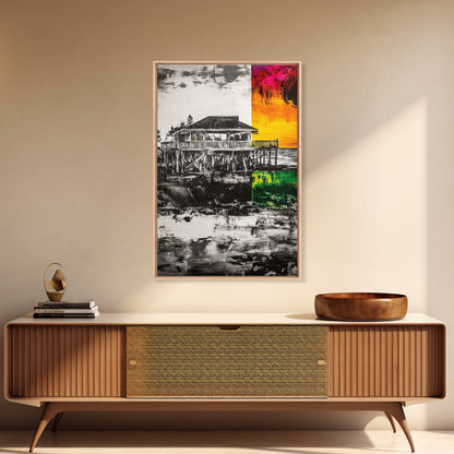 Pier House, Sunset Painting, Coastal Decor, Beach House Art, Framed Canvas Print, Living Room Wall Art, Nautical Theme, Abstract Home Decor