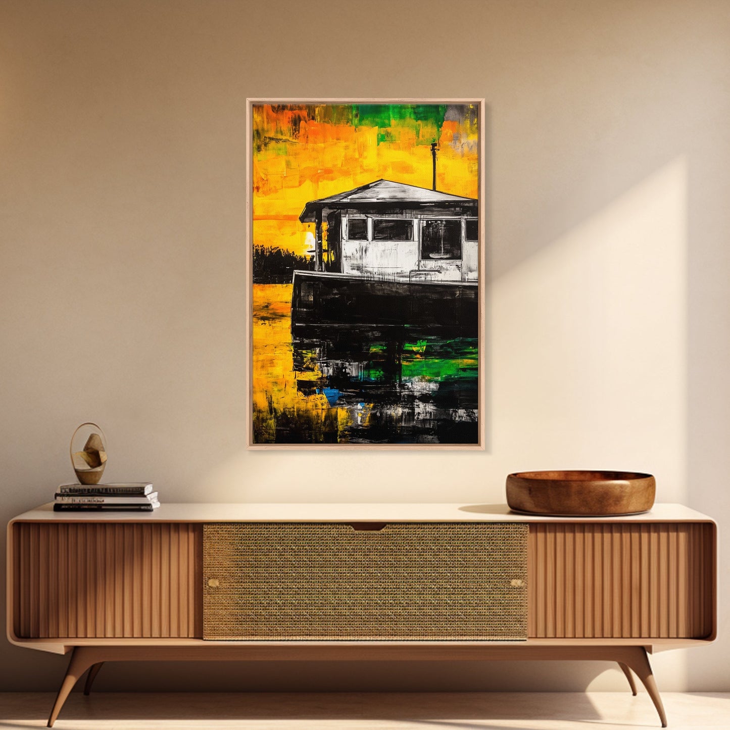 Houseboat Sunset, Coastal Painting, Warm Tones, Abstract Art, Framed Canvas Print, Living Room Wall Art, Waterfront Decor, Ocean Art