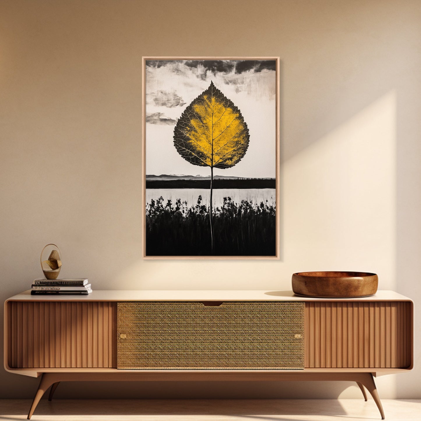 Golden Leaf, Minimalist Nature, Autumn Wall Art, Botanical Decor, Framed Canvas Print, Living Room Art, Black and White, Nature Print