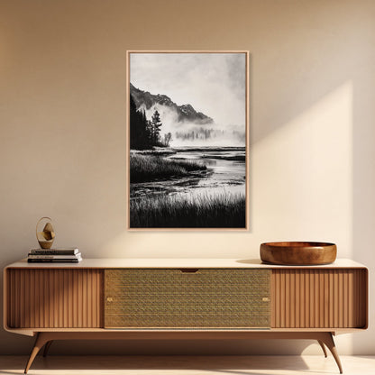 Foggy Forest, Monochrome Wall Art, Nature Landscape, Tranquil Painting, Living Room Decor, Rustic Style, Framed Canvas Print