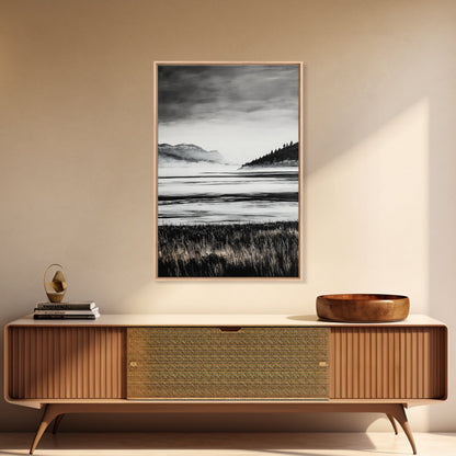 Serene Lake, Black and White Artwork, Misty Mountains, Nature Decor, Minimalist Landscape, Home Office Art, Canvas Print