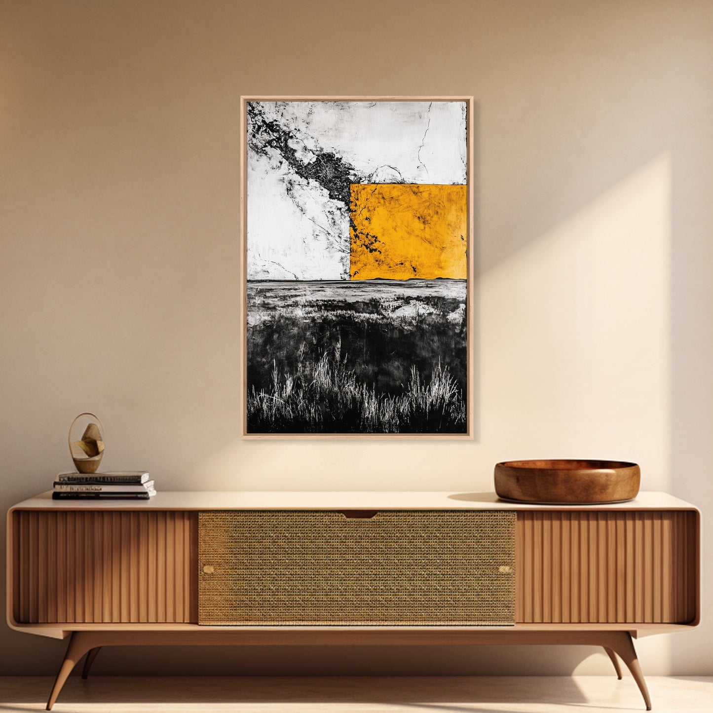 Golden Abstract, Minimalist Landscape Art, Modern Nature Painting, Earthy Tones, Contemporary Home Decor, Framed Canvas Print