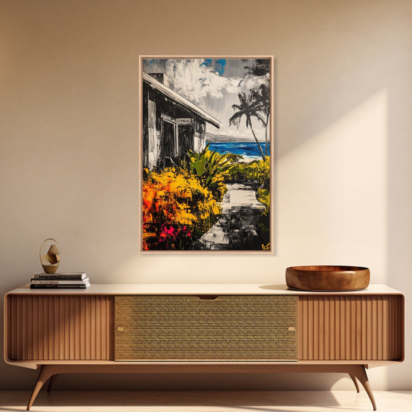 Beach House Path, Black White Coastal Art, Yellow Green Foliage, Tropical Landscape, Ocean Wall Decor, Beach Home, Framed Canvas Print