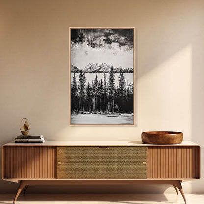 Mountain Serenity, Black and White Landscape, Nature Art, Tranquil Home Decor, Minimalist Painting, Office Artwork, Framed Canvas Print