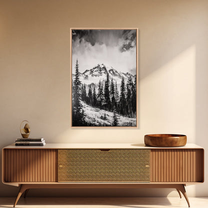 Snowy Peak, Mountain Landscape, Monochrome Art, Winter Wall Art, Nature Inspired, Rustic Wall Decor, Large Wall Art, Framed Canvas Print