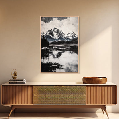 Serene Lake, Black and White Art, Nature Wall Decor, Minimalist Art, Wilderness Painting, Tranquil Wall Art, Modern Home Decor, Canvas Print