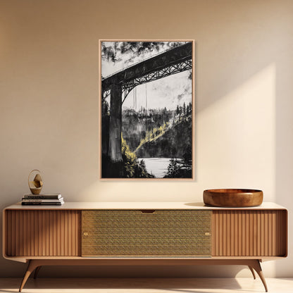 Steel Bridge, Industrial Wall Art, Black and White Landscape, Cityscape Art, Rustic Metal, Loft Style, Office Wall Art, Framed Canvas Print