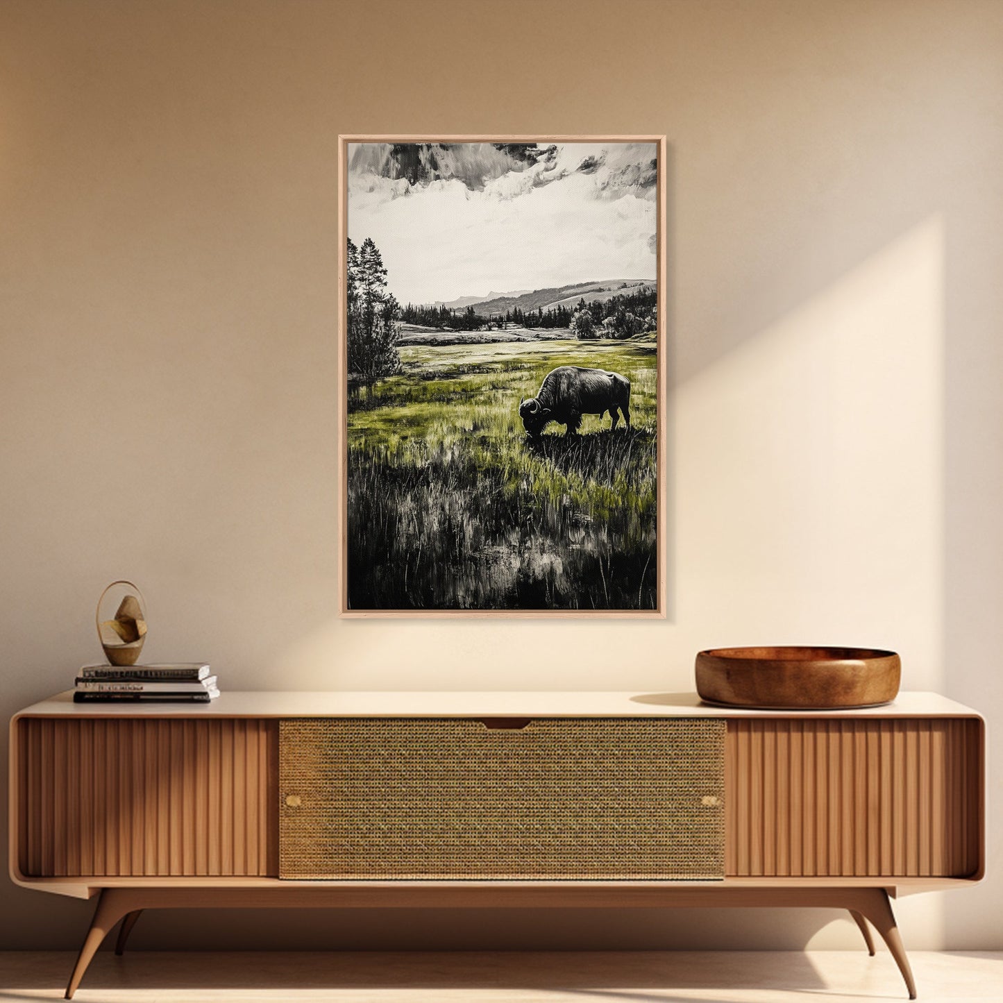 Grazing Bison, Wildlife Art, Rustic Home Decor, Nature Inspired, Western Landscape, Monochrome Art, Cabin Wall Art, Framed Canvas Print