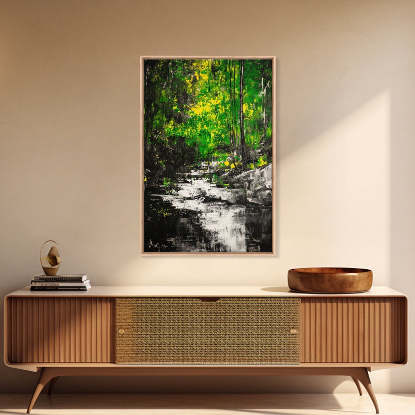 Woodland Stream, Nature Inspired, Green Forest, Serene Wall Art, Minimalist Landscape, Tranquil Home Decor, Large Wall Art, Canvas Print