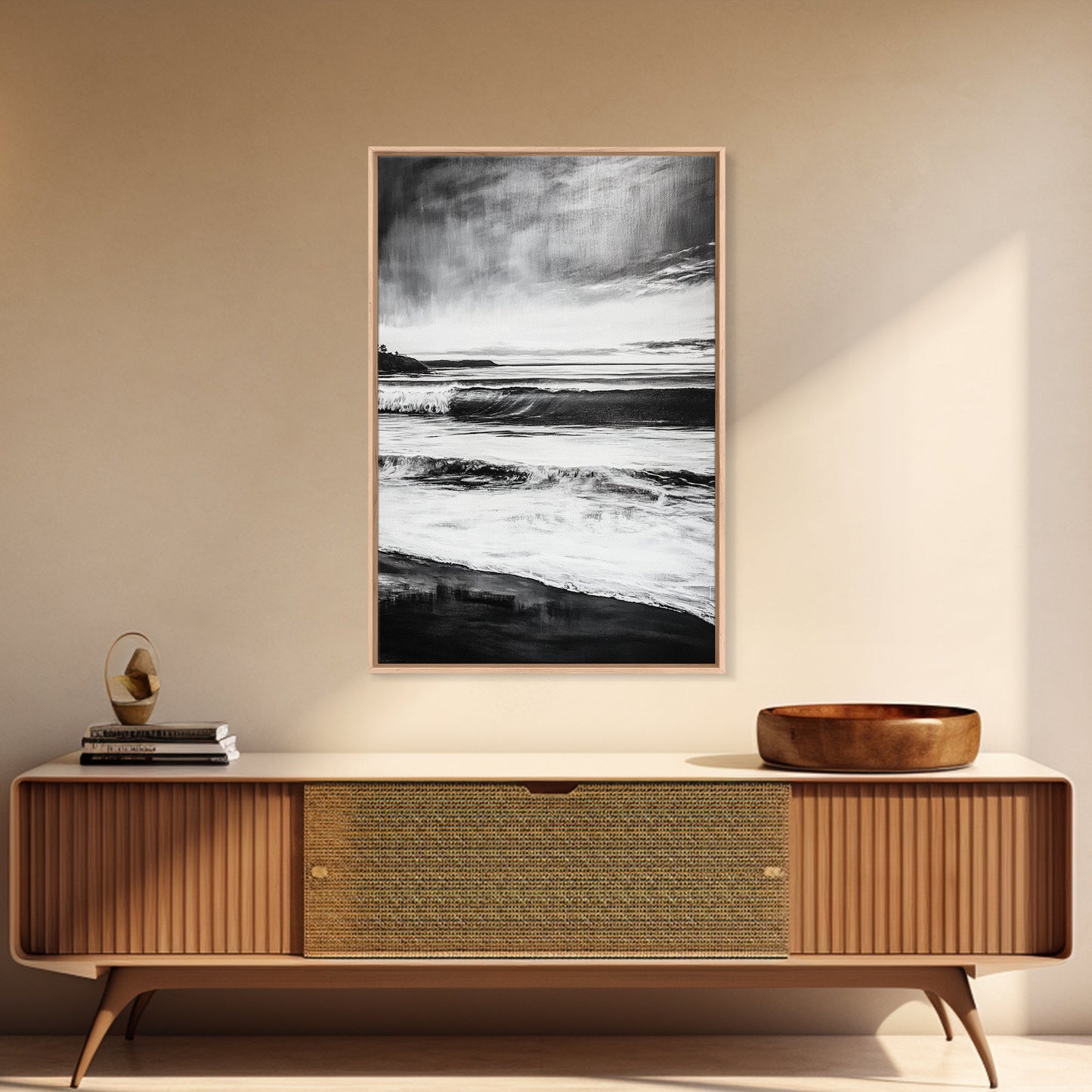 Black and White Waves, Ocean Painting, Dramatic Coastline, Minimalist Art, Framed Canvas Print, Modern Seascape, Contemporary Wall Art