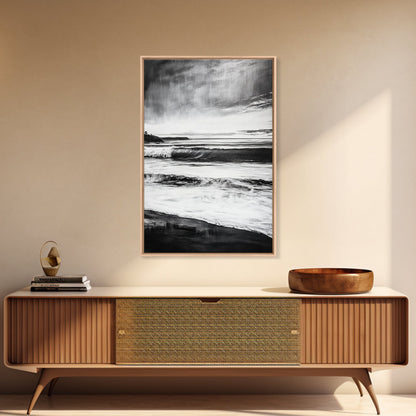 Black and White Waves, Ocean Painting, Dramatic Coastline, Minimalist Art, Framed Canvas Print, Modern Seascape, Contemporary Wall Art