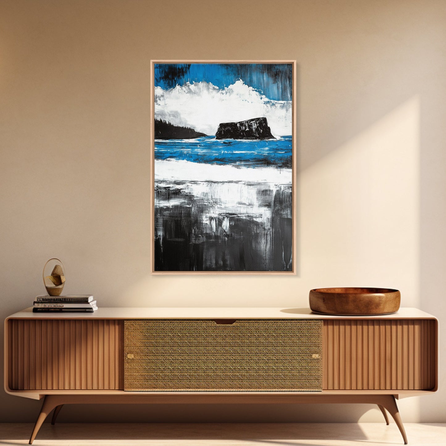 Ocean Cliff Seascape, Moody Coastal Art, Black White Blue Water, Modern Minimalist Wall Decor, Nautical Home Gift, Framed Canvas Print