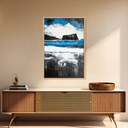 Ocean Cliff Seascape, Moody Coastal Art, Black White Blue Water, Modern Minimalist Wall Decor, Nautical Home Gift, Framed Canvas Print