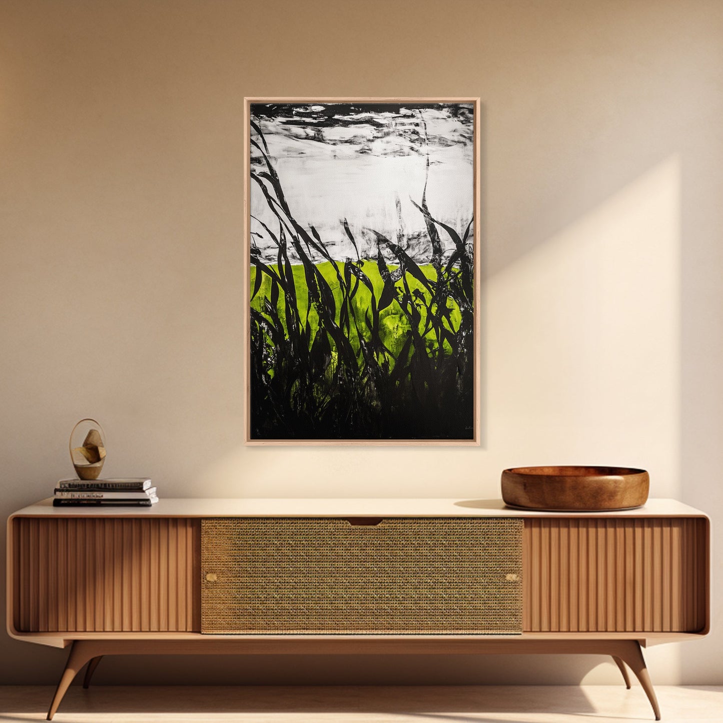 Minimalist Grass Field, Black White Green Nature Art, Abstract Farmhouse Wall Decor, Modern Simple Landscape, Framed Canvas Print