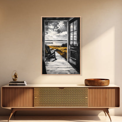 Porch View, Relaxing Landscape, Rustic Home Art, Lake House Decor, Cabin Wall Art, Nature Lover Gift, Canvas Print, Cozy Atmosphere