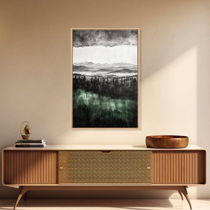 Misty Mountains, Moody Wall Art, Rustic Home Decor, Cabin Wall Art, Neutral Aesthetic, Black and White, Framed Canvas Print