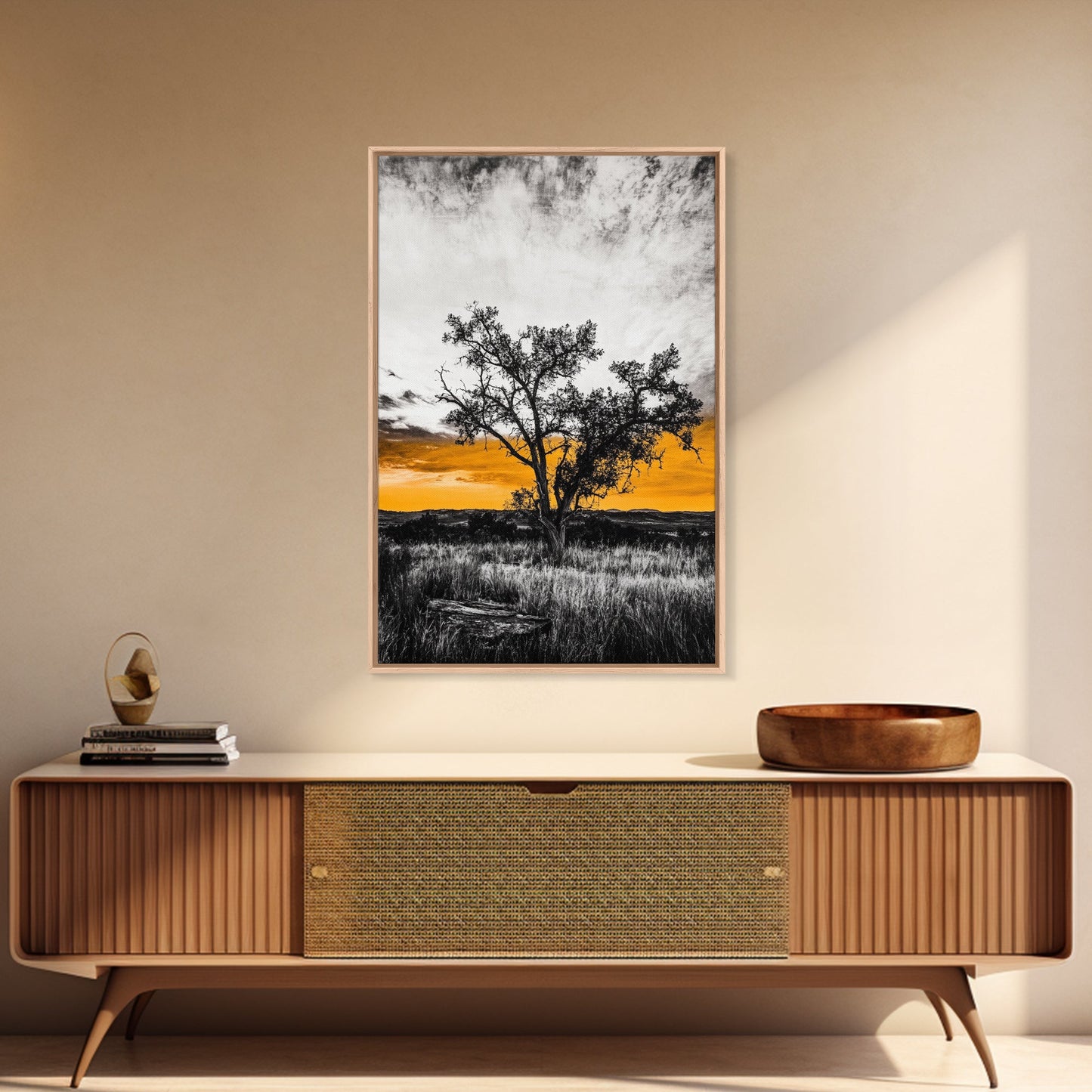 Lone Tree Sunset, dramatic landscape print, fall sunset art, rustic countryside decor, warm autumn painting, framed canvas print, hallway