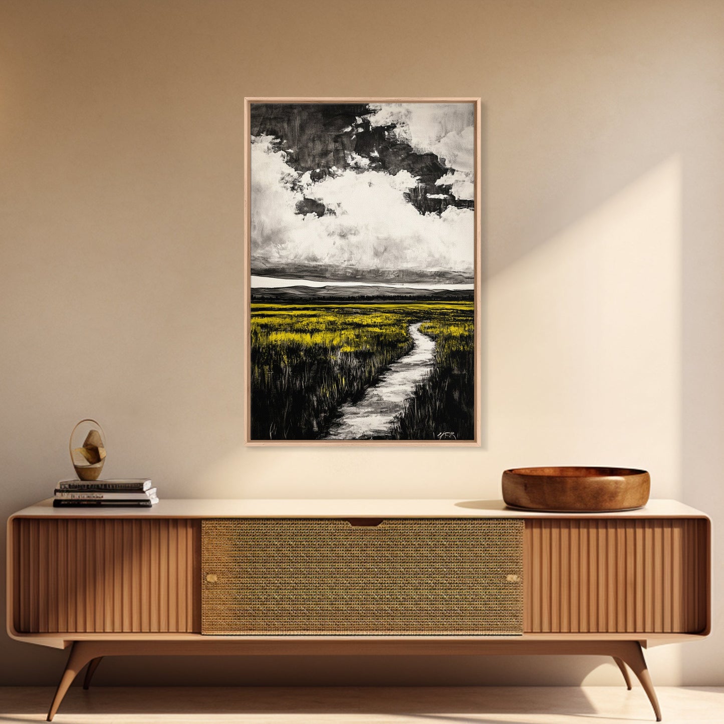 Field Pathway, dreamy landscape painting, country road art, scenic nature wall decor, calming yellow tones, framed canvas print, entryway