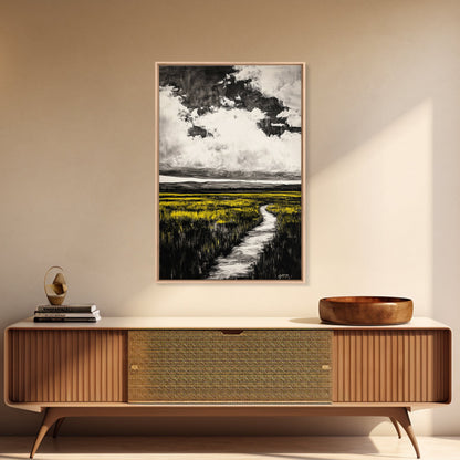 Field Pathway, dreamy landscape painting, country road art, scenic nature wall decor, calming yellow tones, framed canvas print, entryway