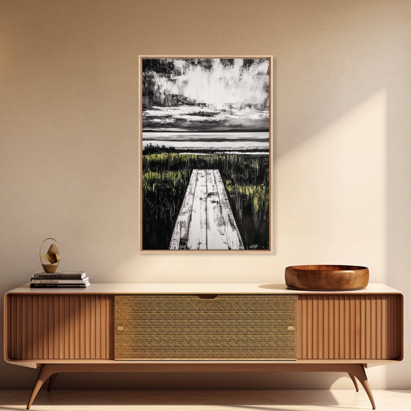 Pathway Beach Scene, Serene Coastal Art, Black and White Landscape, Modern Wall Decor, Relaxing Nature Framed Canvas Print, Office Art