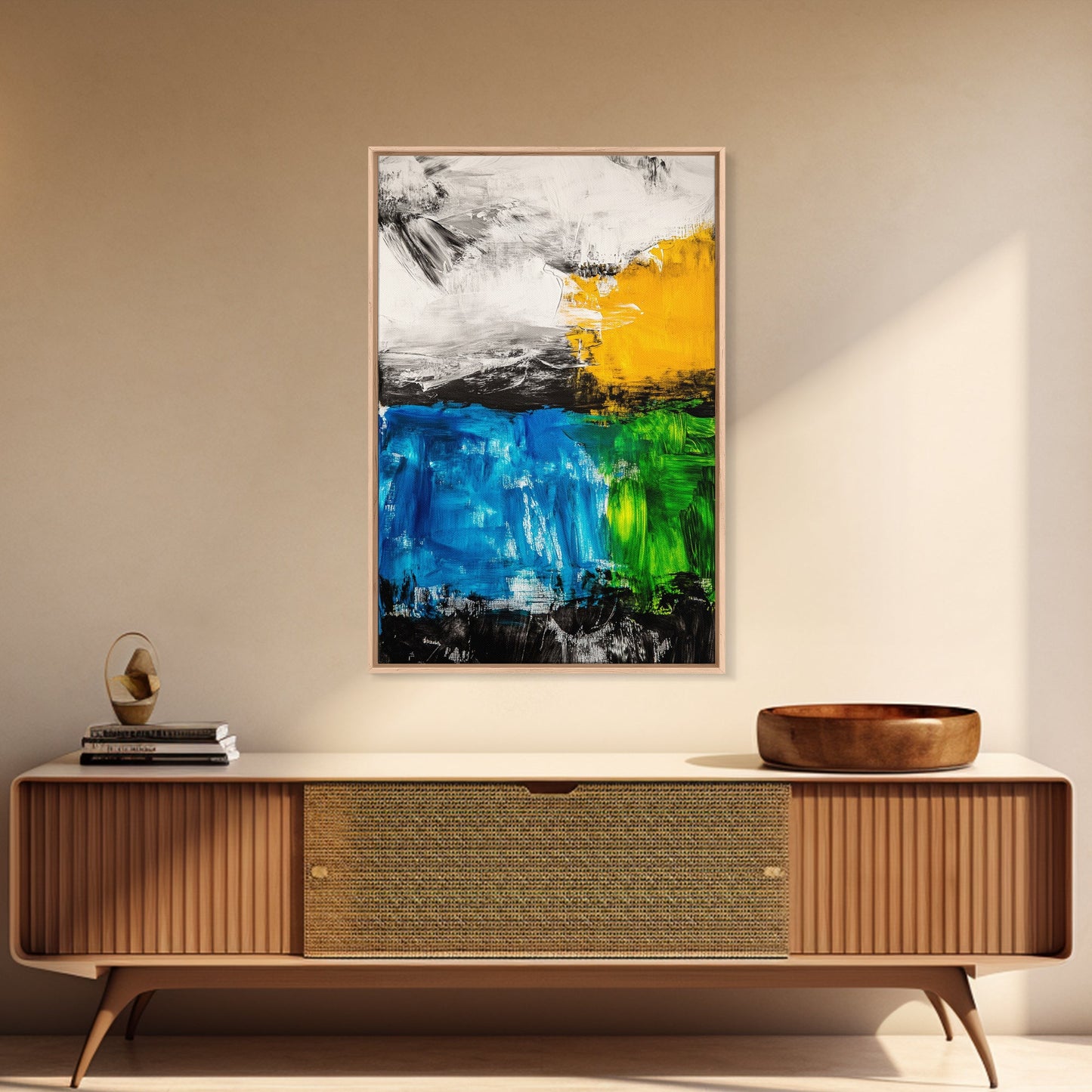 Abstract Landscape, Blue and Yellow Modern Painting, Minimalist Nature Art, Framed Canvas Print, Living Room or Office Wall Decor