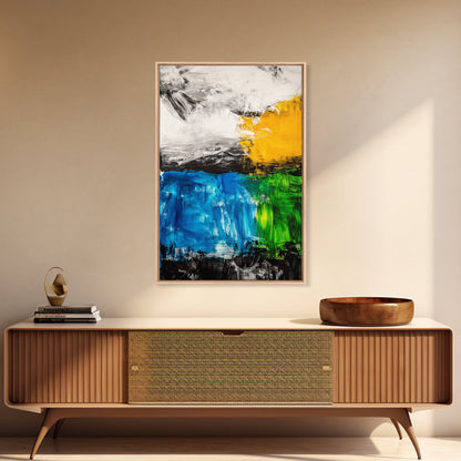 Abstract Landscape, Blue and Yellow Modern Painting, Minimalist Nature Art, Framed Canvas Print, Living Room or Office Wall Decor