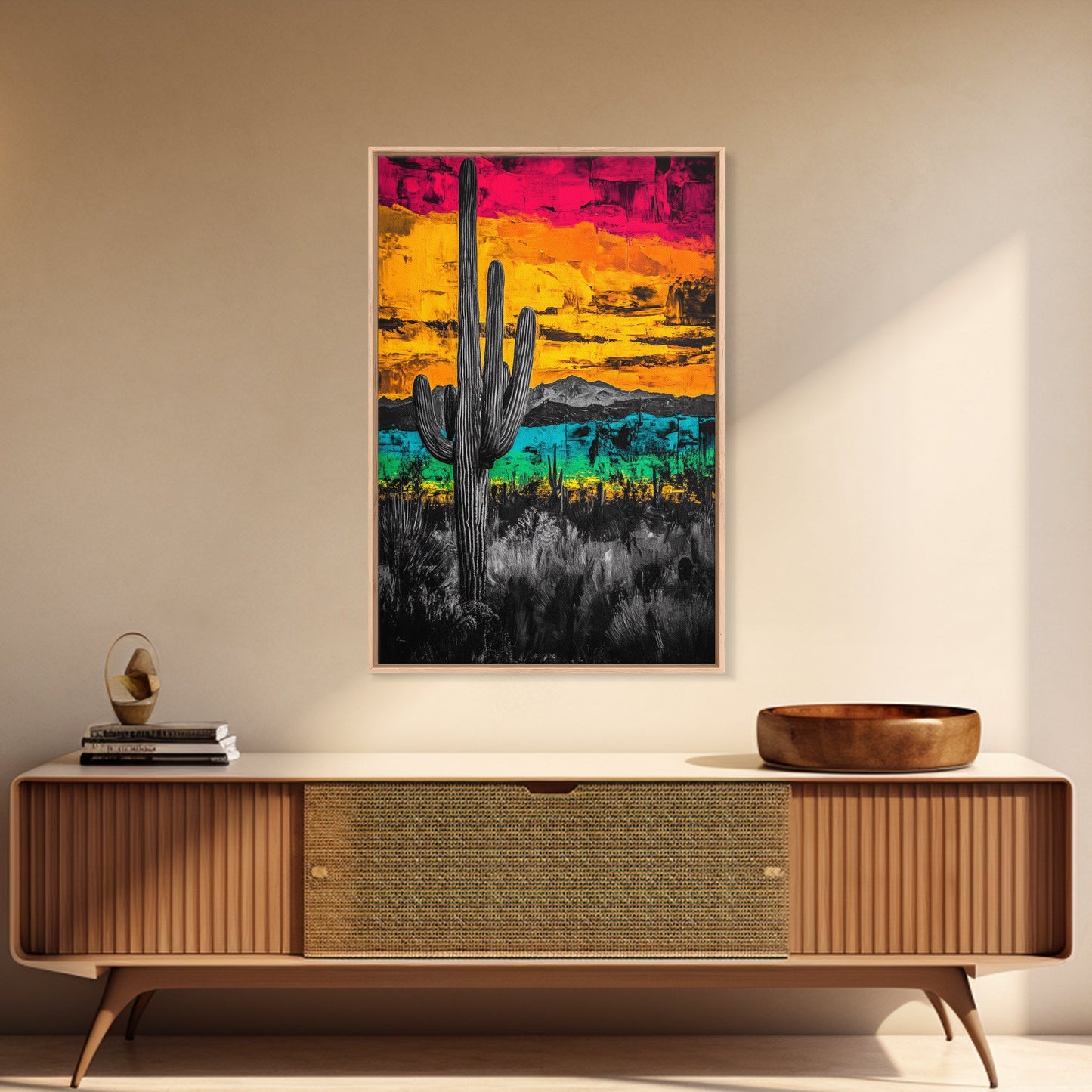 Desert Cactus, Vibrant Sunset Southwest Painting, Bold Desert Art, Framed Canvas Print, Western Home or Office Wall Decor