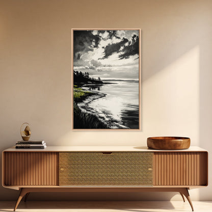 Moody Landscape, Black and White Art, Dramatic Sky, Coastal Scene, Nature Painting, Modern Home Decor, Minimalist Style, Framed Canvas Print