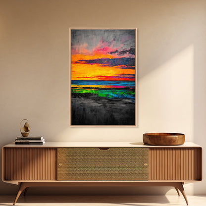 Sunset Glow, Vibrant Landscape, Nature Art, Framed Canvas Print, Dramatic Sky Painting, Fall Home Decor, Large Wall Art, Beach Scene
