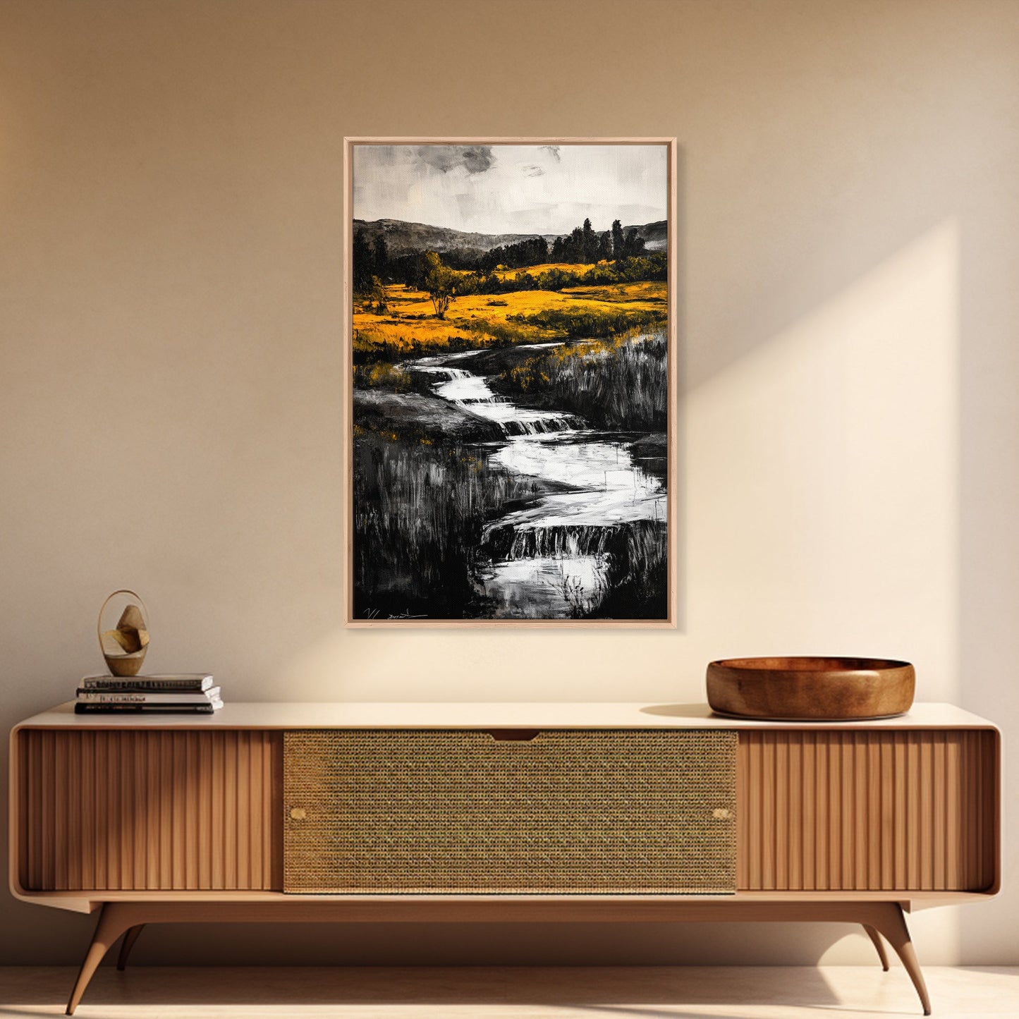 Golden Meadow, Nature Landscape, Rustic Wall Art, Framed Canvas Print, Country Farmhouse Decor, Waterfall Painting, Fall Vibes