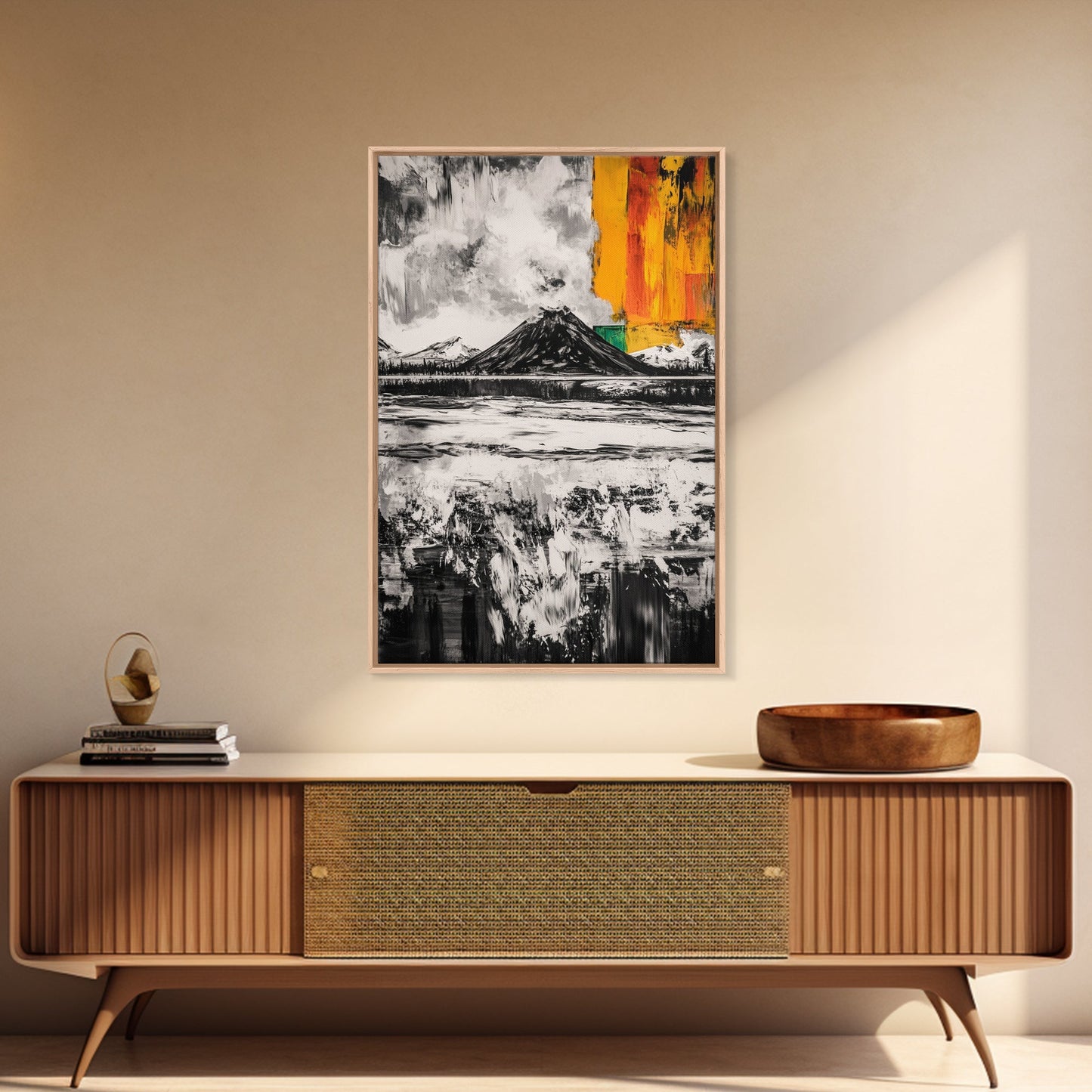 Volcano Landscape, Abstract Nature Art, Bold Modern Painting, Framed Canvas Print, Monochrome Mountains, Adventure Wall Decor