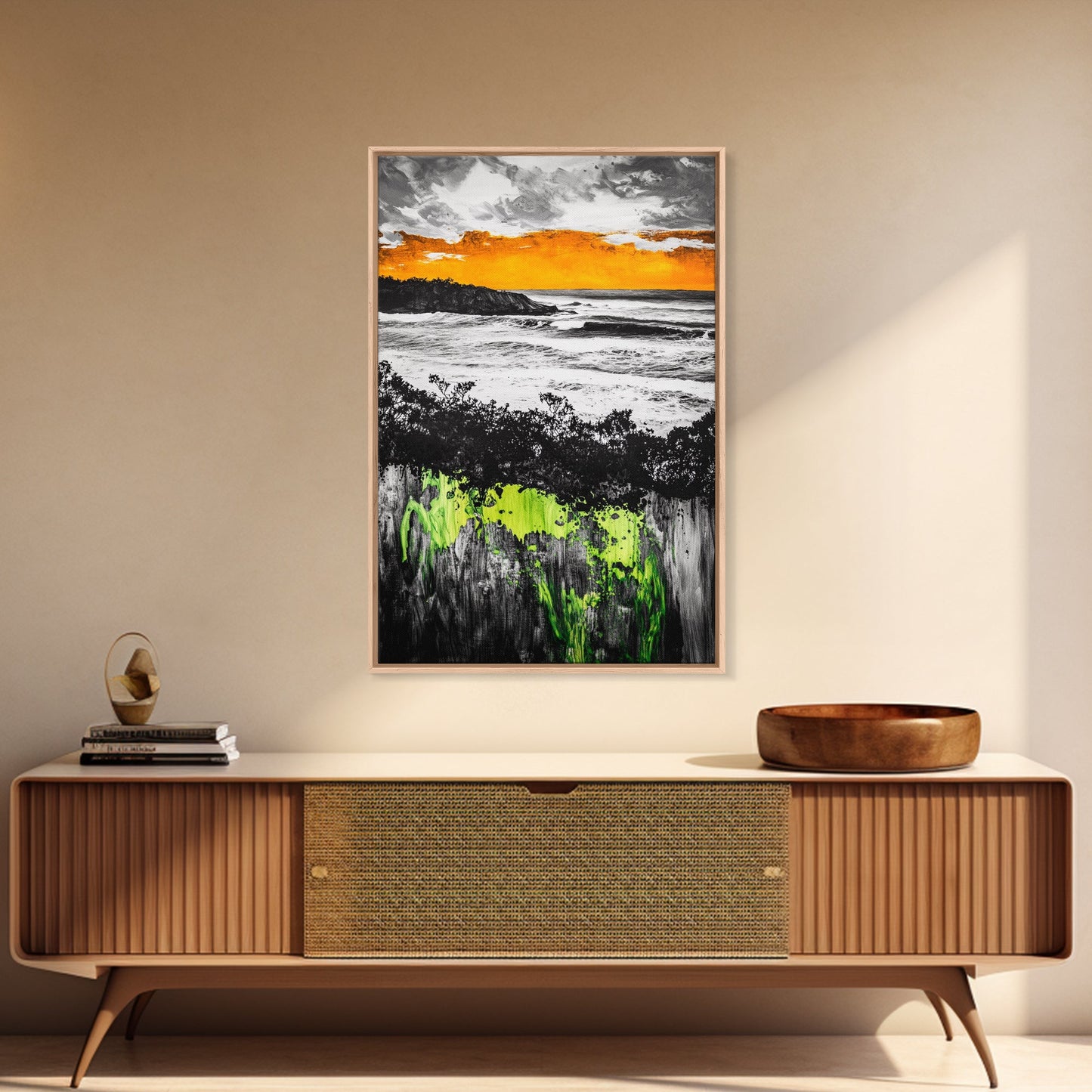 Sunset Ocean, Coastal Wall Art, Black White Seascape, Framed Canvas Print, Beach House Decor, Dramatic Sky, Nautical Artwork