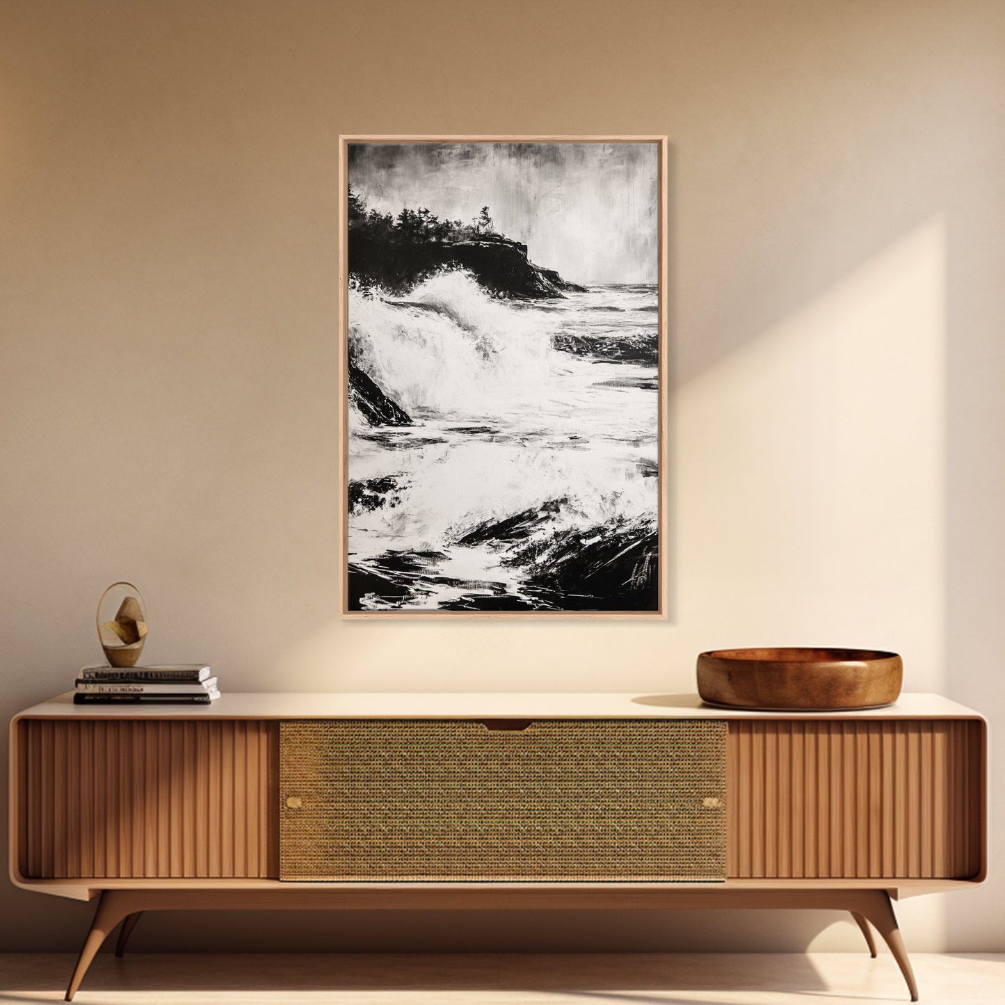 Ocean Waves, Seascape Painting, Framed Canvas Print, Beach House Decor, Nautical Wall Art, Black and White Art, Coastal Living Room