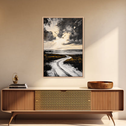 Coastal Sunset, Beach Landscape, Framed Canvas Print, Serene Ocean Art, Golden Hour Painting, Nature Wall Art, Boho Bedroom Decor