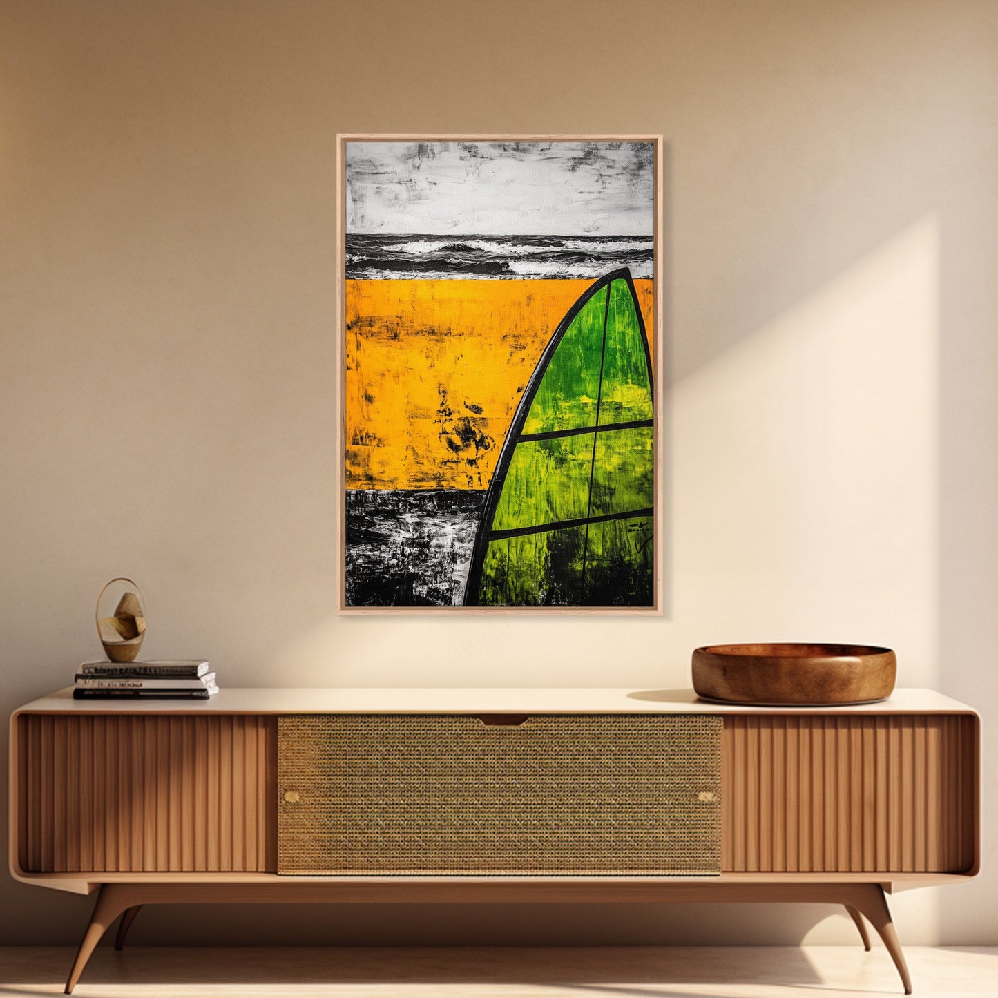 Yellow Beach, Sailboat Art, Nautical Decor, Coastal Wall Art, Framed Canvas Print, Ocean Waves, Living Room Art, Bold Abstract Style