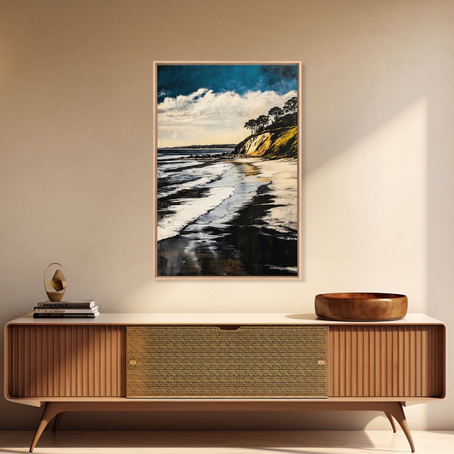 Sunset Beach, Cliffside View, Ocean Landscape, Nature Wall Art, Framed Canvas Print, Coastal Home Decor, Golden Hour, Serene Scene