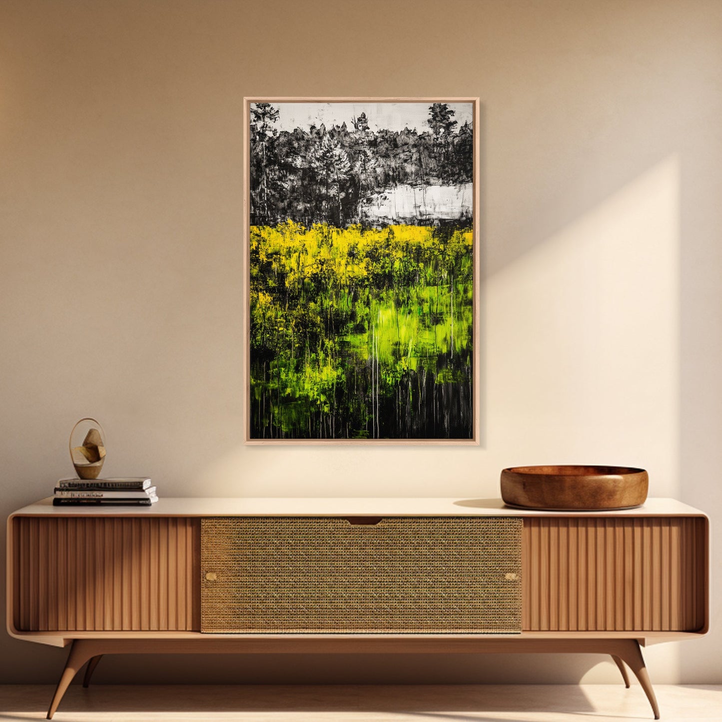 Wildflowers, Abstract Meadow, Colorful Landscape, Modern Wall Art, Framed Canvas Print, Boho Decor, Vibrant Nature, Yellow Green Art