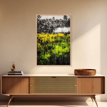 Wildflowers, Abstract Meadow, Colorful Landscape, Modern Wall Art, Framed Canvas Print, Boho Decor, Vibrant Nature, Yellow Green Art