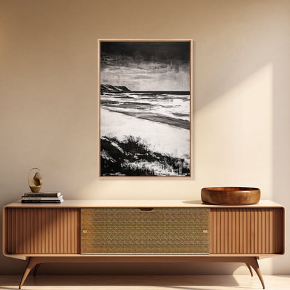 Black and White Beach, Stormy Ocean, Dramatic Seascape, Moody Wall Art, Framed Canvas Print, Minimalist Decor, Coastal Storm