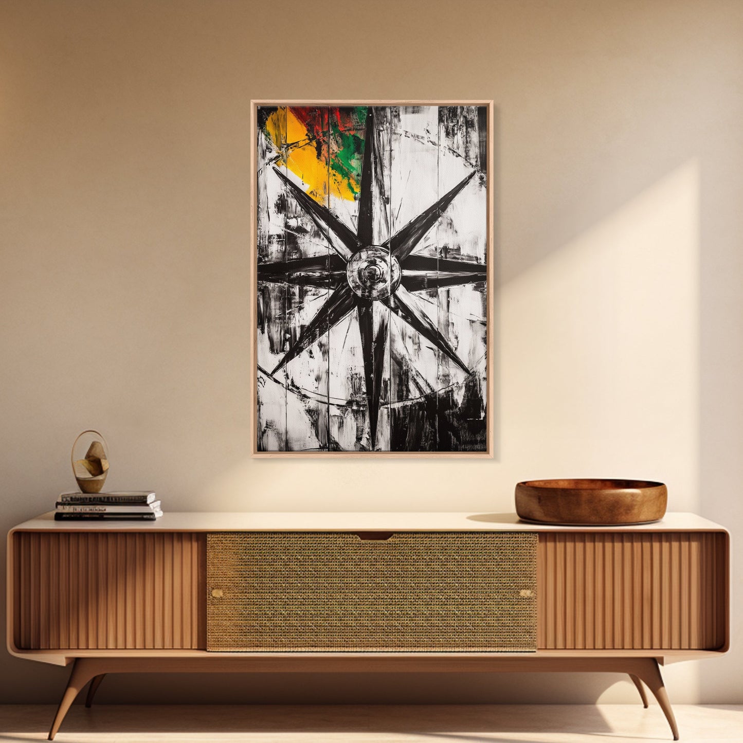 Kompassrose, nautisches Symbol, abstraktes Design, Leinwanddruck, Schwarz-Weiß-Kunst, Küsten-Wanddekoration, moderne minimalistische Kunst