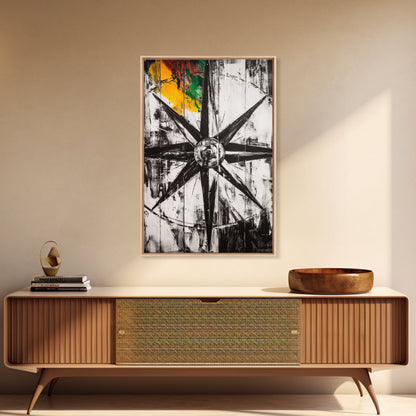 Kompassrose, nautisches Symbol, abstraktes Design, Leinwanddruck, Schwarz-Weiß-Kunst, Küsten-Wanddekoration, moderne minimalistische Kunst