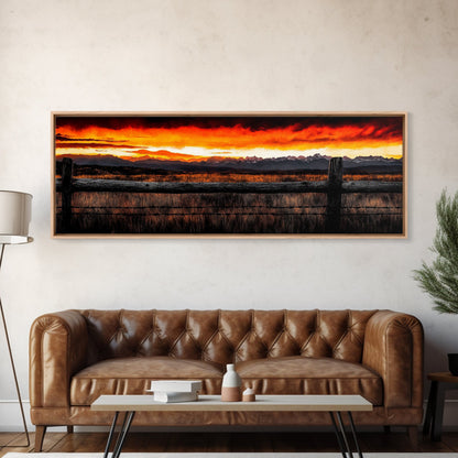 Western Sunset, Mountain Landscape Print, Rustic Cowboy Art, Dramatic Sky Painting, Country Wall Decor, Framed Canvas Print, Large Wall Art