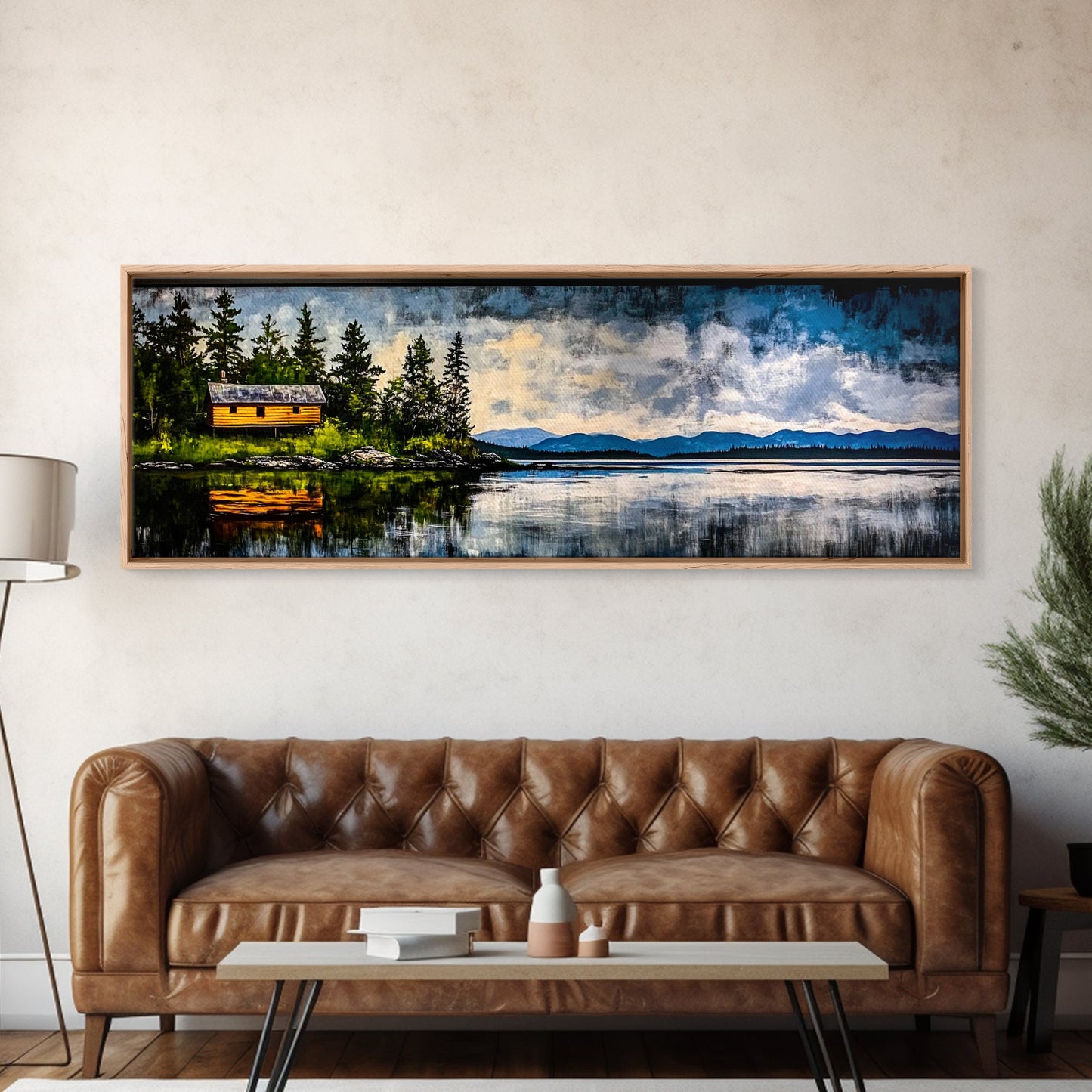 Cabin on the Lake, Peaceful Landscape, Nature Lover Art, Framed Canvas Print, Mountain View, Serene Wall Decor, Scenic Painting