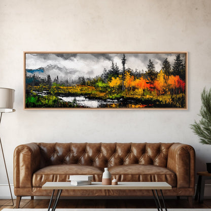 Misty Forest, River Reflection, Fall Foliage, Canvas Print, Cabin Wall Art, Nature Inspired Decor, Rustic Living Room Art