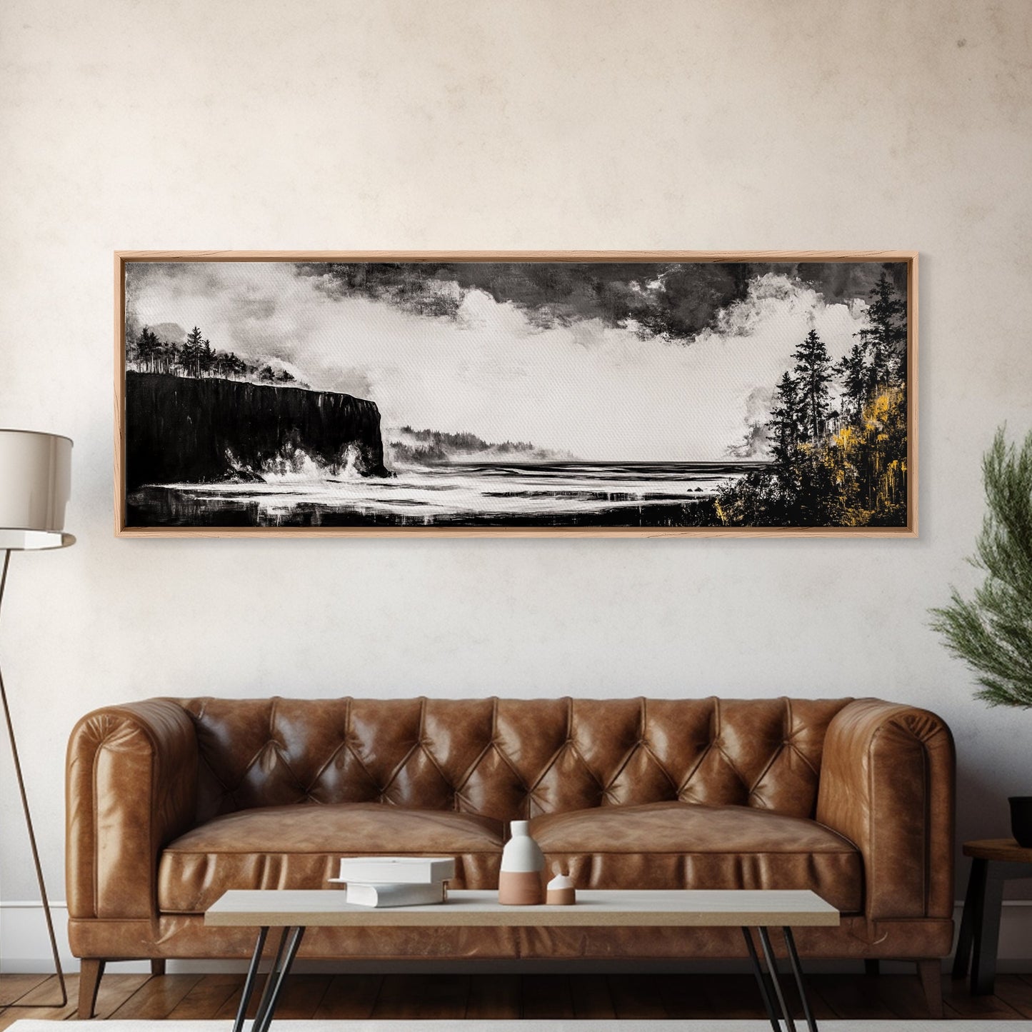 Steilküste, dramatisches Meerespanorama, stimmungsvolle Küste, monochrom, gerahmter Leinwanddruck, Küsten-Wandkunst, nautische Dekoration, großes Wandbild