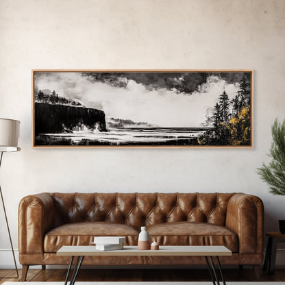 Steilküste, dramatisches Meerespanorama, stimmungsvolle Küste, monochrom, gerahmter Leinwanddruck, Küsten-Wandkunst, nautische Dekoration, großes Wandbild